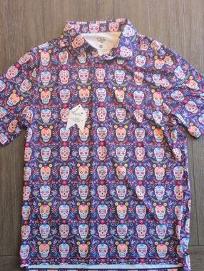 Men's Purple Short-Sleeve Polo with Colorful Sugar Skull Pattern